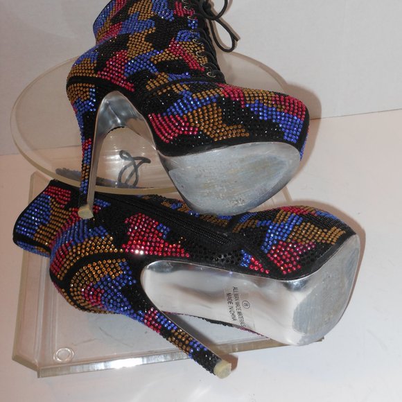 SHIEKH PLATFORM HIGH-HEEL MULTI-COLOR BEADED ANKLE BOOTS SIZE 8 MEDIUM - Picture 7 of 9